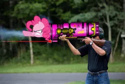 Size: 1019x683 | Tagged: safe, derpibooru import, edit, pinkie pie, earth pony, human, pony, american presidents, barack obama, female, frown, glare, gritted teeth, gun, irl, irl human, laser, mare, photo, pointing, pony cannonball, president, rifle, rocket launcher, shooting, wat, weapon