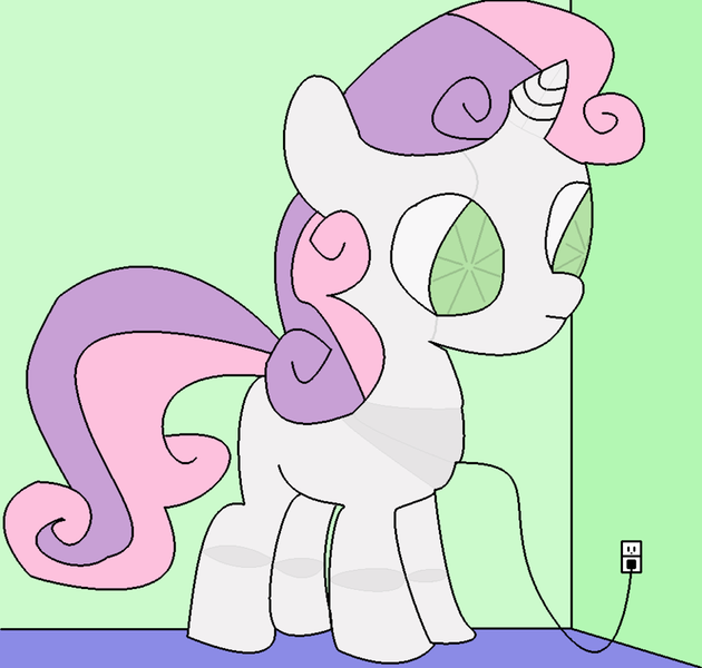 Size: 915x872 | Tagged: safe, artist:youwillneverkno, derpibooru import, sweetie belle, pony, robot, unicorn, female, filly, foal, hooves, horn, plug, recharging, solo, sweetie bot, us plug