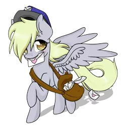 Size: 2300x2300 | Tagged: safe, artist:derpiliciouspony, derpibooru import, derpy hooves, pegasus, pony, bag, blushing, female, hat, letter, mail, mailbag, mailmare, mailpony, mare, mouth hold, simple background, solo