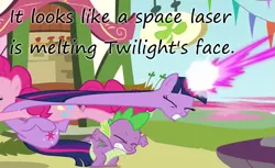 Size: 993x609 | Tagged: derpibooru import, great moments in animation, insane pony thread, long neck, magic, neck, pinkie pie, safe, screencap, spike, twilight sparkle