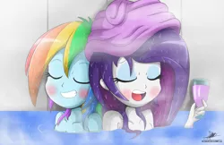 Size: 1889x1227 | Tagged: suggestive, artist:the-butch-x, derpibooru import, rainbow dash, rarity, equestria girls, alcohol, bath, bathing, blushing, breasts, casual nudity, drink, duo, duo female, eyes closed, female, food, grin, hot tub, nudity, open mouth, relaxing, sexy, smiling, steam, towel, water, wet, wet hair, wine
