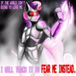 Size: 1280x1280 | Tagged: semi-grimdark, artist:lil miss jay, derpibooru import, sweetie belle, anthro, robot, friendship is witchcraft, clenched fist, omni-blade, omni-tool, solo, sweetie bot