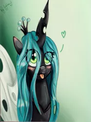 Size: 493x660 | Tagged: safe, artist:light-east, derpibooru import, queen chrysalis, :p, cute, cutealis, heart, solo, tongue out