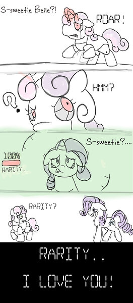 Size: 1024x2324 | Tagged: semi-grimdark, artist:cmaynes47, derpibooru import, rarity, sweetie belle, pony, robot, unicorn, friendship is witchcraft, blank flank, comic, crying, cutie mark, female, filly, floppy ears, foal, hooves, horn, mare, red eyes, simple background, sisters, sweetie bot, teeth, text, white background