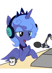 Size: 744x1052 | Tagged: safe, artist:swiftcutter, derpibooru import, princess luna, cup, drink, headphones, microphone, s1 luna, solo