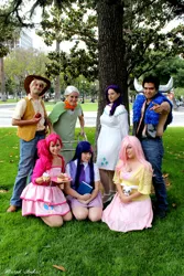 Size: 550x825 | Tagged: 2012, applejack, artist:alchimique, artist:sppandaaa, artist:spwinkles, convention, cosplay, derpibooru import, fanimecon, fluttershy, granny smith, grass, group photo, human, irl, irl human, iron will, photo, pinkie pie, plushie, rarity, safe, tree, twilight sparkle