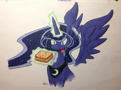 Size: 1024x765 | Tagged: artist:maikeruto, derpibooru import, drool, eyes on the prize, food, glorious grilled cheese, grilled cheese, magic, princess luna, safe, sandwich, smiling, solo, spread wings, traditional art, wide eyes