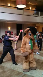 Size: 600x1066 | Tagged: axe, axe cop, clothes, convention, cosplay, costume, crossover, derpibooru import, doctor whooves, dragoncon, fun, fursuit, human, irl, irl human, photo, safe, time turner