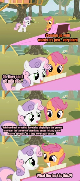 Size: 640x1440 | Tagged: comic, derpibooru import, duo, edit, edited screencap, fabric, grindcore, meme, metal, piano, pig destroyer, scootaloo, screencap, screencap comic, semi-grimdark, song reference, sweetie belle, the show stoppers, vulgar