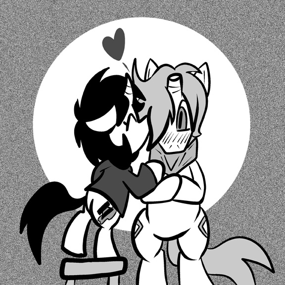 Size: 576x576 | Tagged: safe, artist:pembroke, derpibooru import, oc, oc:augold, oc:ink blot, unofficial characters only, pony, bipedal, heart, just ask ink blot, kissing