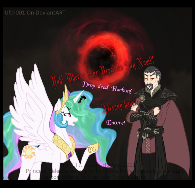 Size: 1165x1123 | Tagged: artist:ulth001, crossover, derpibooru import, lord harkon, princess celestia, quote, red dwarf, safe, skyrim, the elder scrolls, vampire