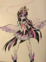 Size: 956x1280 | Tagged: safe, artist:muffinmachine, artist:shacklefunk, derpibooru import, twilight sparkle, human, equestria girls, horned humanization, humanized, solo, traditional art, winged humanization, winged shoes, wings
