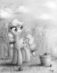 Size: 809x1036 | Tagged: safe, artist:theflyingmagpie, derpibooru import, applejack, apple, bucket, monochrome, sky, smiling, solo, standing, traditional art