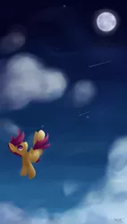 Size: 3400x6000 | Tagged: safe, artist:snowyglaze, derpibooru import, scootaloo, absurd resolution, flying, moon, night, sky, solo