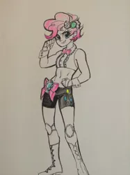 Size: 956x1280 | Tagged: alternate hairstyle, artist:muffinmachine, artist:shacklefunk, belly button, bowtie, clothes, compression shorts, derpibooru import, human, humanized, midriff, no more ponies at source, pinkie pie, safe, short hair, simple background, solo, traditional art, white background