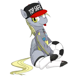 Size: 1000x1000 | Tagged: artist needed, safe, derpibooru import, derpy hooves, pegasus, pony, /mlp/, 4chan, 4chan cup, ball, baseball cap, clothes, female, football, hat, mare, safest hooves, solo, tongue out, top gun