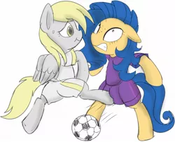 Size: 1142x925 | Tagged: suggestive, artist:mcsadat, derpibooru import, derpy hooves, oc, oc:milky way, earth pony, pegasus, pony, /mlp/, 4chan cup, :t, ball, bipedal, crotchboobs, female, floppy ears, football, freckles, gritted teeth, impossibly large crotchboobs, kick, kicking, mare, ouch, pain, safest hooves, smiling, underhoof, wide eyes