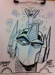 Size: 704x960 | Tagged: artist:kaijusamurai, dragoncon, matt frank, optimus prime, pinkie pie, safe, traditional art, transformers