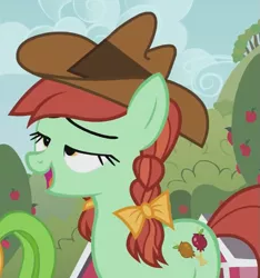 Size: 629x672 | Tagged: safe, derpibooru import, screencap, candy apples, earth pony, pony, apple family reunion, apple family member, background pony, bow, braid, cowboy hat, cropped, female, hair bow, hat, lidded eyes, mare, mid-blink screencap, open mouth, out of context, solo focus, stetson