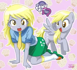Size: 748x681 | Tagged: safe, artist:uotapo, derpibooru import, derpy hooves, pegasus, pony, equestria girls, all fours, clothes, cute, derpabetes, derpception, equestria girls logo, female, human ponidox, logo, looking at you, mare, muffin, necktie, open mouth, raised hoof, sandals, skirt, socks, socks with sandals, uotapo is trying to murder us