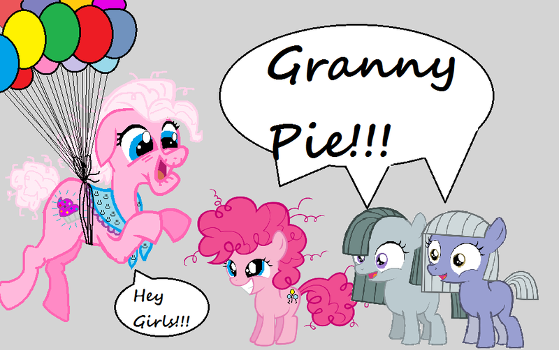 Size: 960x602 | Tagged: balloon, filly, floating, granny pie, happy, limestone pie, marble pie, pinkie pie, safe, smiling, speech bubble, younger