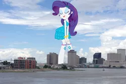 Size: 1200x800 | Tagged: safe, artist:joemasterpencil, derpibooru import, rarity, equestria girls, city, clothes, dress, eyes closed, fall formal outfits, giantess, louisiana, macro, new orleans, open mouth, skyline, solo, twerking