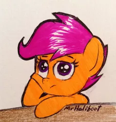 Size: 1820x1908 | Tagged: artist:mrhaliboot, derpibooru import, safe, scootaloo, solo, traditional art