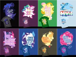 Size: 1000x750 | Tagged: applejack, clothes, custom, derpibooru import, design, fluttershy, graphic tee, merchandise, pinkie pie, princess celestia, princess luna, quote, rainbow dash, rarity, safe, shirt, t-shirts, twilight sparkle