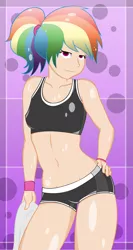 Size: 3000x5625 | Tagged: artist:miketheuser, artist:overmare, belly button, clothes, compression shorts, derpibooru import, exercise, human, humanized, midriff, ponytail, rainbow dash, safe, solo, sports bra, sports shorts