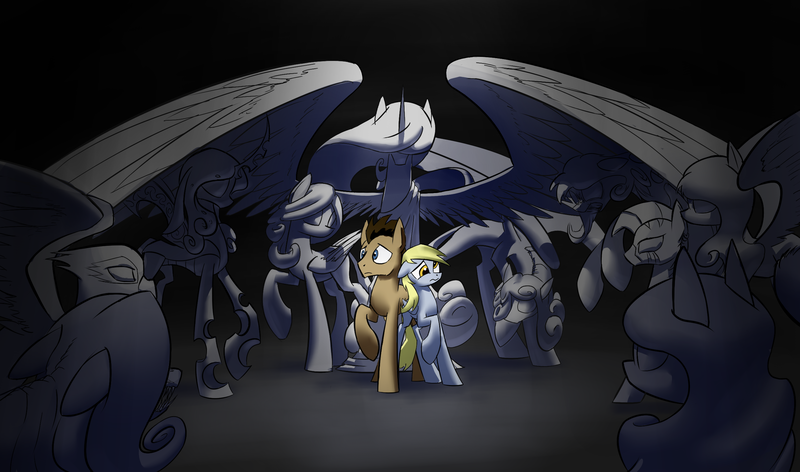 Size: 2587x1526 | Tagged: safe, derpibooru import, derpy hooves, doctor whooves, princess celestia, queen chrysalis, time turner, zecora, ponified, gryphon, pegasus, pony, zebra, antagonist, crossover, doctor who, fangs, female, floppy ears, frown, mare, raised hoof, scared, sharp teeth, spread wings, statue, weeping angel, wide eyes