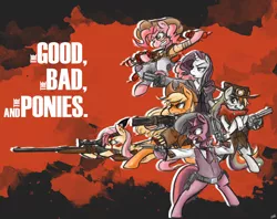 Size: 1005x795 | Tagged: safe, artist:coin-trip39, derpibooru import, applejack, fluttershy, pinkie pie, rainbow dash, rarity, twilight sparkle, ponified, pony, bipedal, clothes, gun, mane six, parody, the good the bad and the ugly, weapon