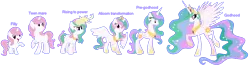 Size: 2586x680 | Tagged: age progression, artist:cookie-dolls, artist:selenaede, cewestia, derpibooru import, filly, pink-mane celestia, princess celestia, safe, simple background, stock vector, teenager, transparent background, younger