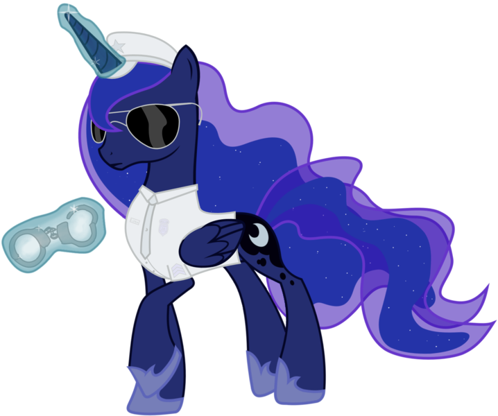 Size: 1566x1309 | Tagged: artist:totallynotabronyfim, cheap trick, clothes, cuffs, derpibooru import, dream police, magic, police, police officer, princess luna, reference, safe, simple background, solo, sunglasses, telekinesis, transparent background, uniform, vector