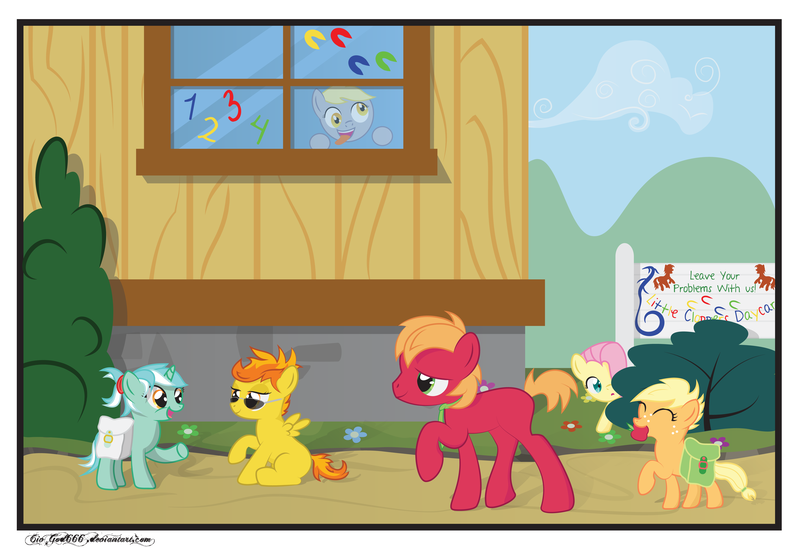 Size: 9000x6167 | Tagged: safe, artist:civwub, derpibooru import, applejack, big macintosh, derpy hooves, fluttershy, lyra heartstrings, spitfire, pony, absurd resolution, alternate hairstyle, apple, blank flank, bush, colt, colt big macintosh, cute, filly, filly applejack, filly derpy, filly fluttershy, glasses, hiding, saddle bag, school, sign, silly, silly pony, sunglasses, tongue out, vector, window