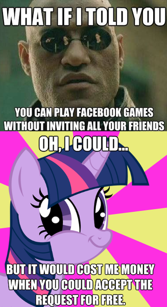 Size: 376x690 | Tagged: derpibooru import, facebook, image macro, meme, morpheus, safe, the matrix, twiface, twilight sparkle, what if i told you