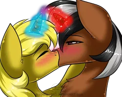 Size: 1500x1193 | Tagged: safe, artist:diigii-doll, derpibooru import, oc, oc:star sparkler, oc:ticket, unofficial characters only, alicorn, pony, alicorn oc, blushing, female, kissing, magic, male, shipping, simple background, straight, ticketsparkler, transparent background