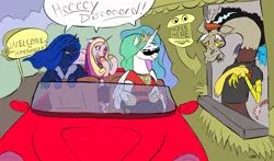 Size: 850x499 | Tagged: artist:zoomboomerz, car, clothes, derpibooru import, discord, driving, fast food, princess cadance, princess celestia, princess luna, restaurant, safe, speech bubble, sunglasses, vehicle, working