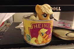 Size: 1024x683 | Tagged: safe, derpibooru import, applejack, can, figure, gift set, heinz, irl, merchandise, pasta, photo, solo, toy