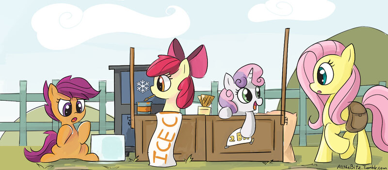 Size: 1242x545 | Tagged: apple bloom, artist:lance, concession stand, cutie mark crusaders, derpibooru import, fluttershy, ice box, ice cream stand, paint, paintbrush, saddle bag, safe, scootaloo, stall, sweetie belle