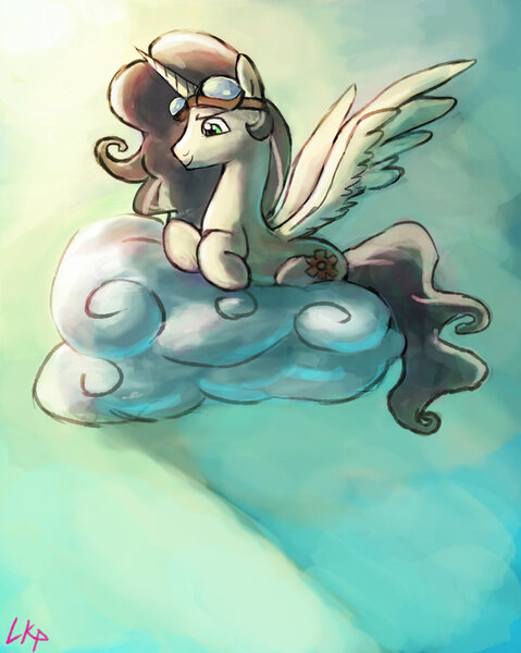 Size: 799x1000 | Tagged: safe, artist:paradoxbroken, derpibooru import, oc, unofficial characters only, alicorn, pony, alicorn oc, cloud, cloudy, goggles, solo