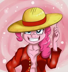 Size: 4751x5000 | Tagged: absurd resolution, anthro, artist:vicse, clothes, cosplay, crossover, derpibooru import, monkey d luffy, one piece, partial nudity, pinkie d pie, pinkie pie, safe, scar, solo, topless