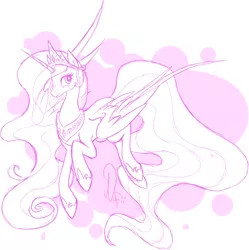 Size: 798x800 | Tagged: artist needed, source needed, safe, derpibooru import, princess celestia, alicorn, pony, abstract background, blushing, female, horn, jewelry, monochrome, regalia, sketch, smiling, solo, spread wings, wings