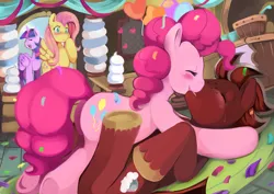 Size: 1150x813 | Tagged: suggestive, artist:ende26, derpibooru import, fluttershy, pinkie pie, twilight sparkle, twilight sparkle (alicorn), oc, alicorn, pony, balloon, blushing, canon x oc, caught, confetti, door, eyes closed, female, frown, interior, kissing, mare, on back, open mouth, party, smiling, spread wings, surprised, sweat, underhoof, voyeur, wide eyes