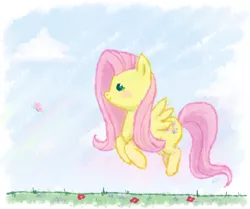 Size: 1000x835 | Tagged: artist:erysz, butterfly, cloud, cloudy, cute, derpibooru import, fluttershy, flying, meadow, safe, solo