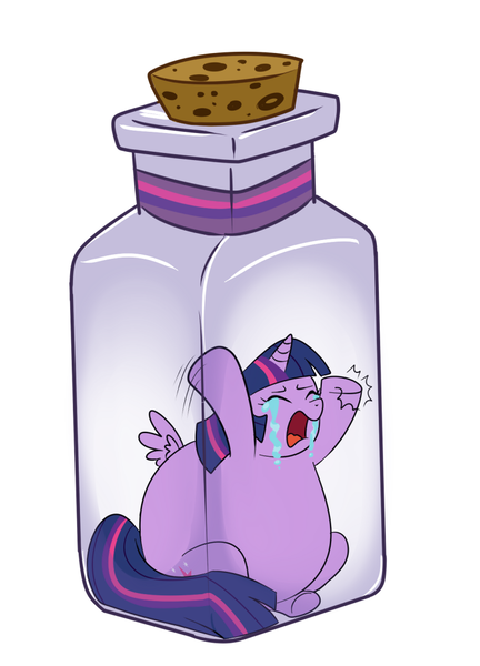 Size: 720x1000 | Tagged: safe, artist:diablo2000, derpibooru import, twilight sparkle, twilight sparkle (alicorn), alicorn, fluffy pony, pony, belly, big belly, bottle, chubby, cork, crying, fat, female, image, inflation, mare, micro, obese, png, pony in a bottle, solo, trapped, twilard sparkle, twilybuse