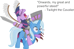 Size: 4867x3216 | Tagged: safe, artist:jittery-the-dragon, derpibooru import, trixie, twilight sparkle, pony, unicorn, armor, cavalier, duo, eyes closed, fake wings, fantasy class, female, floppy ears, frown, great and powerful, hussar, knight, mare, open mouth, pathfinder, poland, ponies riding ponies, riding, shield, simple background, sword, text, transparent background, unicorn twilight, warrior, warrior twilight sparkle, weapon, wide eyes, winged hussar