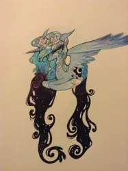 Size: 956x1280 | Tagged: safe, artist:muffinmachine, artist:shacklefunk, derpibooru import, princess luna, alicorn, pony, crying, female, floral head wreath, flower, mare, simple background, solo, traditional art, white background