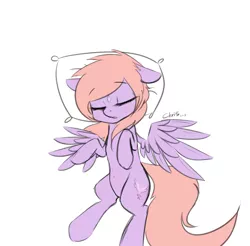 Size: 1217x1199 | Tagged: dead source, safe, artist:xcopyen002, derpibooru import, oc, unofficial characters only, pegasus, pony, belly button, cute, eyes closed, floppy ears, gem, on back, open mouth, pillow, signature, simple background, sleeping, solo, spread wings, white background