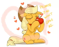 Size: 1280x1024 | Tagged: apple, applejack, artist:sion, ask pet applejack, derpibooru import, eyes closed, heart, love, safe, sitting, solo, that pony sure does love apples