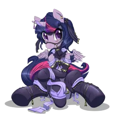 Size: 1777x1968 | Tagged: safe, artist:mirapony, derpibooru import, twilight sparkle, twilight sparkle (alicorn), alicorn, pony, blushing, bridle, clothes, dress, fashion, female, horn jewelry, jewelry, looking at you, mare, solo, stockings